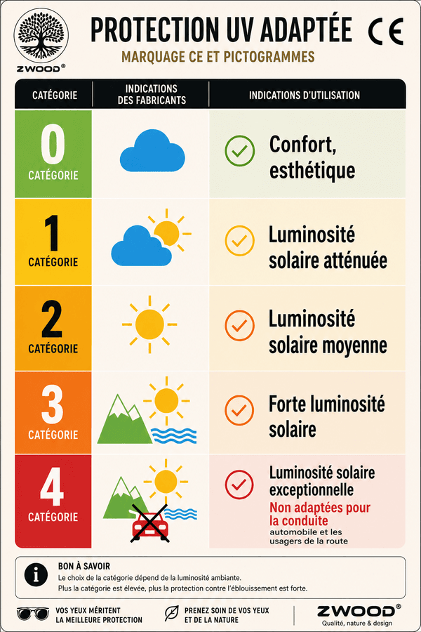 Infographie Zwood® expliquant les catégories de protection des verres solaires et le niveau de filtration UV, de catégorie 0 à 4.