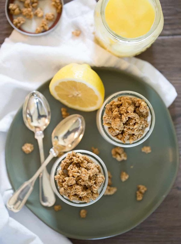 overhead shot of granola yogurt parfait