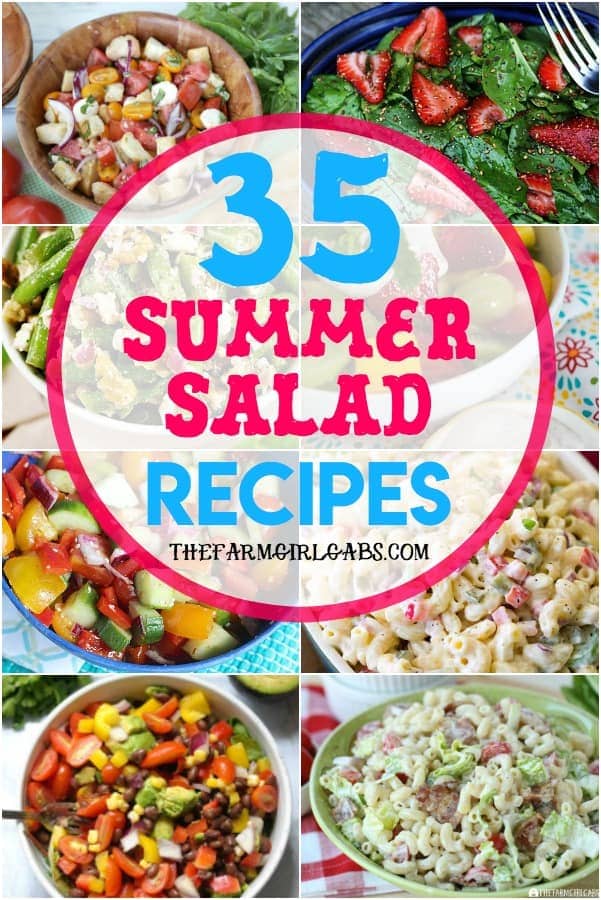 Memorial Day Weekend is here and that means it the official kickoff to summer. Planning to celebrate at a picnic or backyard BBQ? Here are 35 Summer Salad Recipes to celebrate summer. #saladrecipes #sidedishes #picnicrecipes #partyfood #summersalads