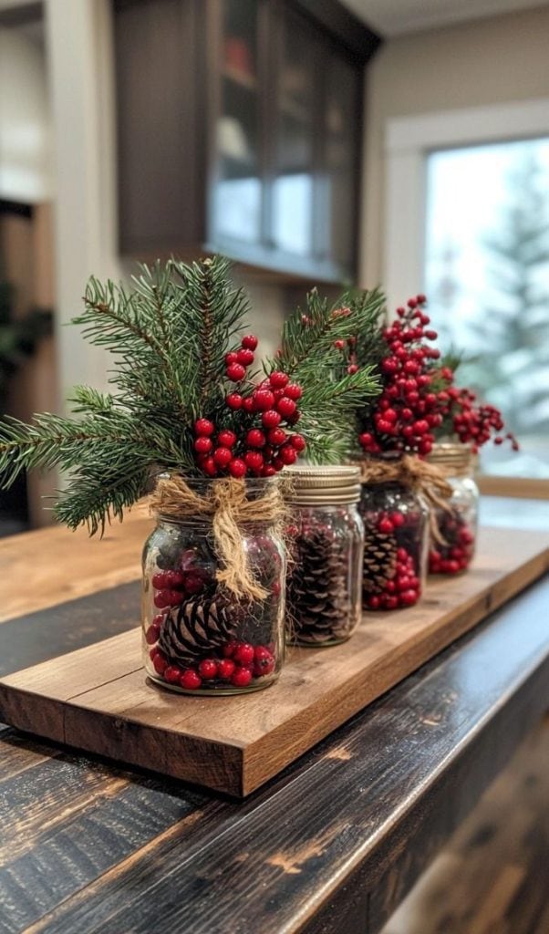 Rustic holiday Christmas table centerpiece with mason jars, cranberries, and pine cones on a wooden base.