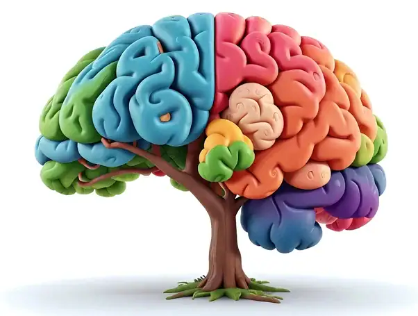 Arbre en forme de cerveau coloré représentant la cognition augmentée et l’équilibre cognitif