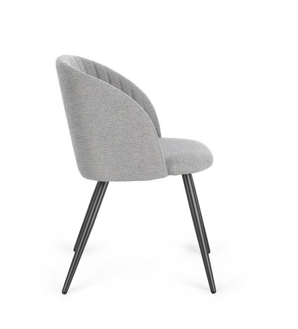 Gray upholstered armchair with a curved back and black metal legs on a white background.