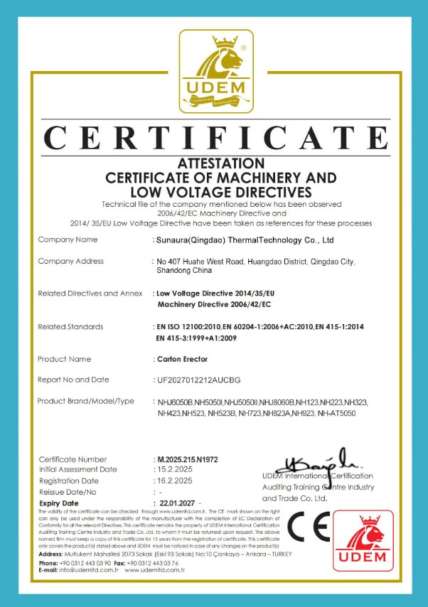 SunAura Machinery EMC CE certificate 2027 - packaging equipment EU compliance renewal