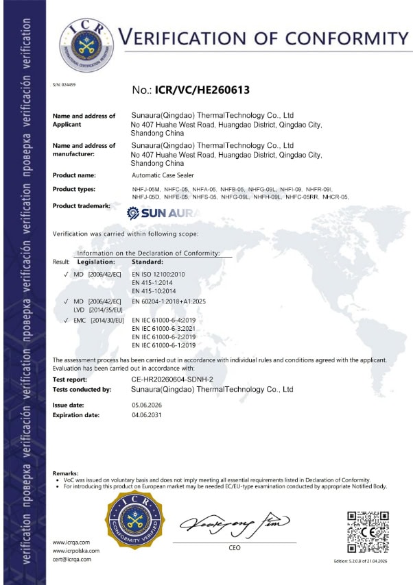 SunAura Machinery ICR VC CE certificate - packaging equipment EU verification compliance