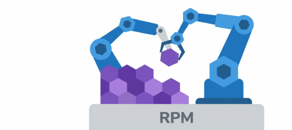Ilustracja wektorowa: Niebieskie mechaniczne ramię robota układa fioletowe sześciokątne klocki na szarej platformie z napisem RPM. Metafora budowania pakietów systemowych.