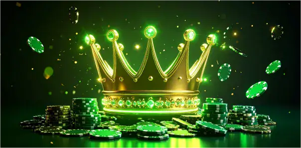 تاج WinWin الذهبي يلمع بين كومة من رقائق الكازينو الخضراء