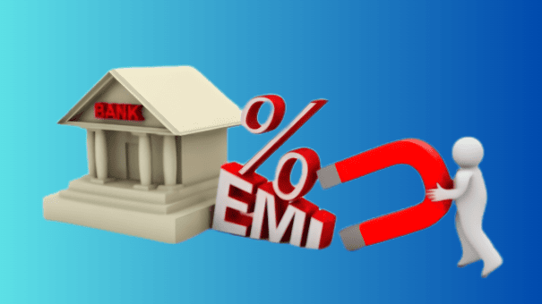 Illustration of a bank building, an EMI symbol with a percentage sign, and a person pulling the EMI symbol with a magnet, representing personal loan interest and EMI costs.