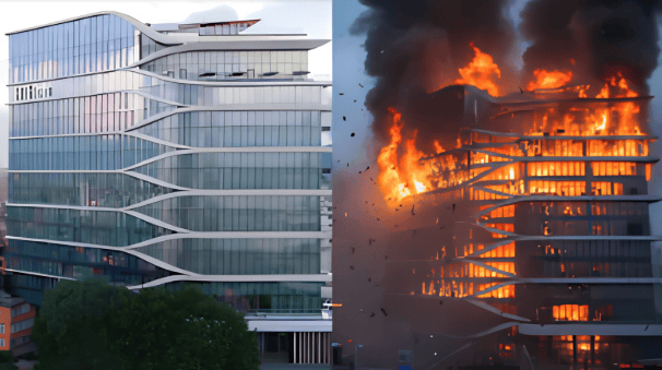 A split image showing the modern glass facade of the Hilton Hotel building on the left, contrasted with a visual effect of the building engulfed in flames and smoke on the right.