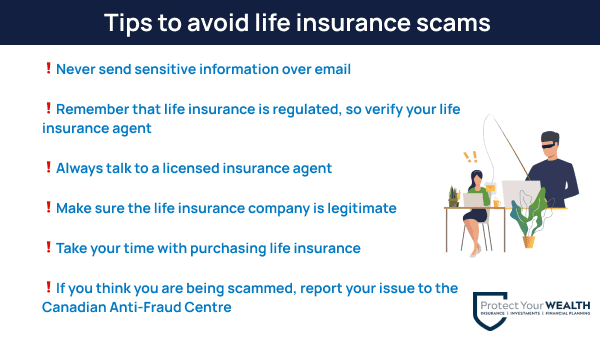 These are some useful tips to protect yourself from life insurance scams. Make sure you verify your life insurance agent, life insurance is regulated in Canada, make sure the life insurance company is legitimate. 