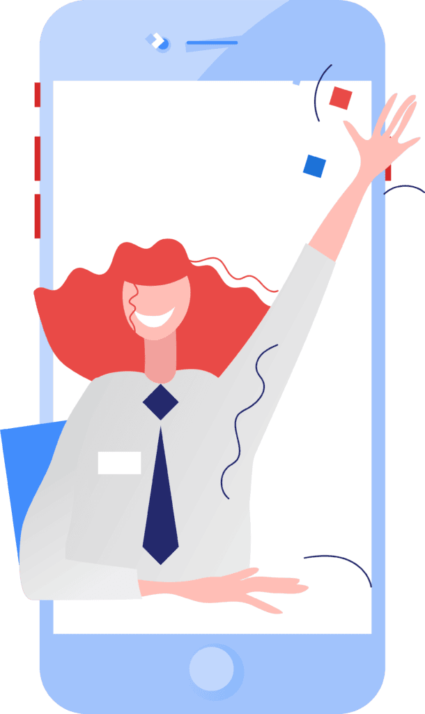 clip-phone-wave-single An illustration of a woman office worker with her hand raised on the screen of a cell phone