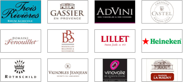 Une collection de logos de différentes marques, incluant Trois Rivières, Gassier, AdVini, Castel, Domaine Fénouillet, Bourguignon, Lillet, Heineken, Rothschild, Vignobles Jeanjean, Vinovaile et Maison La Mauny.
