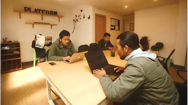 Young professionals working on laptops inside a modern shared coworking space. The scene demonstrates growing startup and freelancer demand driving flexible office space usage.