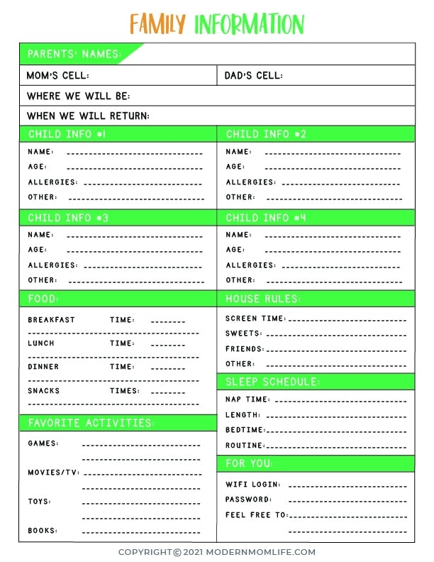 babysitting information sheet