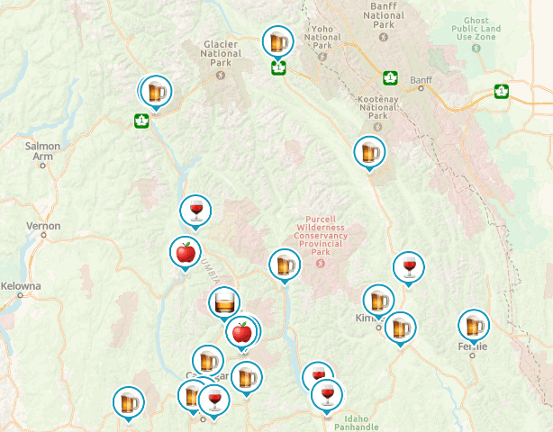 map of the kootenay motorcycle tasting tour