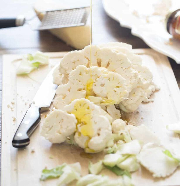 Cut up cauliflower with drizzle of olive oil