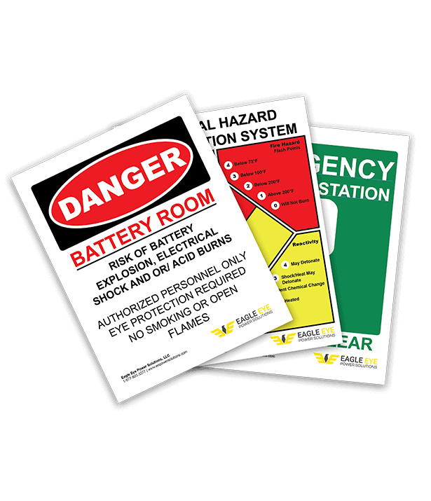 Three Eagle Eye Power Solutions warning signs for a battery room.