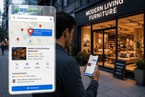 Customer finding a nearby furniture showroom through local search and digital map results