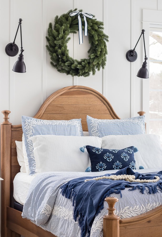 blue and white Christmas bedroom decor