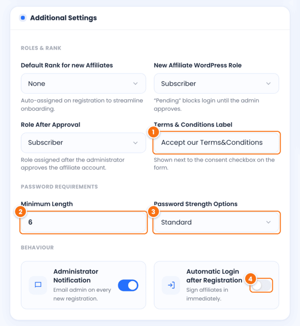 Additional Settings of the Register Showcase: Terms and Conditions Label, password Minimum Length, Password Strength Options and Automatic Login after Registration