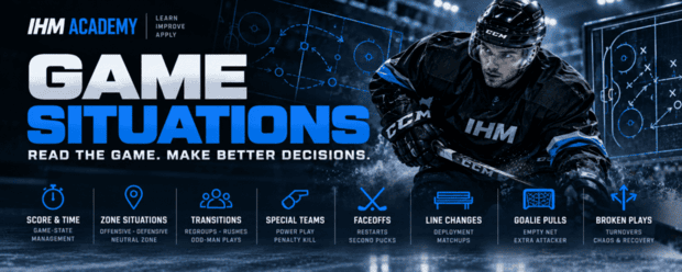 The IHM Game Situations hub explains how players and teams should read, understand and respond to the situations that actually decide hockey games - from basic possession and pressure decisions to late-game management, transitions, faceoffs, special teams, broken plays, line changes and complex combined scenarios.