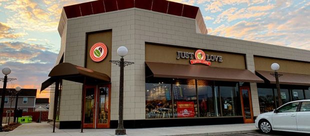 image of the exterior of a just love coffee franchise