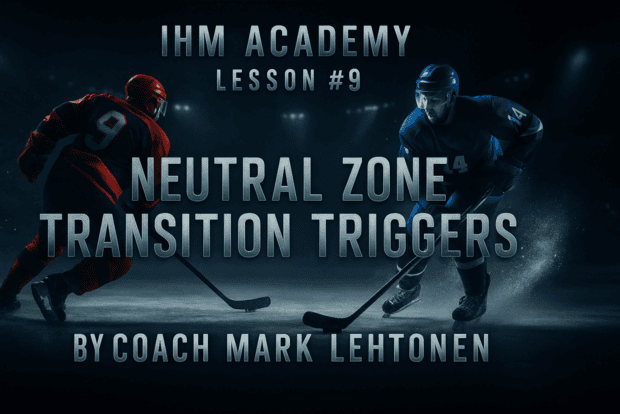 Cinematic hockey banner showing a neutral-zone turnover exploding into counter-attack, with metallic title IHM Academy - Lesson #9