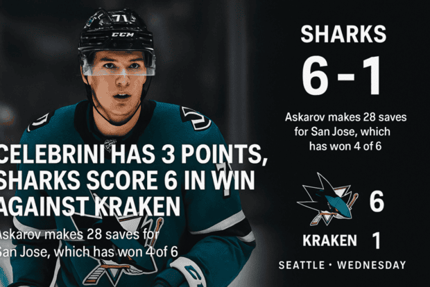 Celebrini leads Sharks past Kraken 6-1 with 3-point night | IHM News