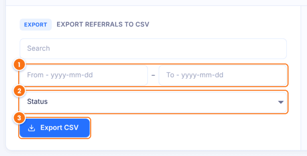 Export referrals to CSV in Ultimate Affiliate Pro with the Search box, the From and To date fields, the Status filter and the Export CSV button