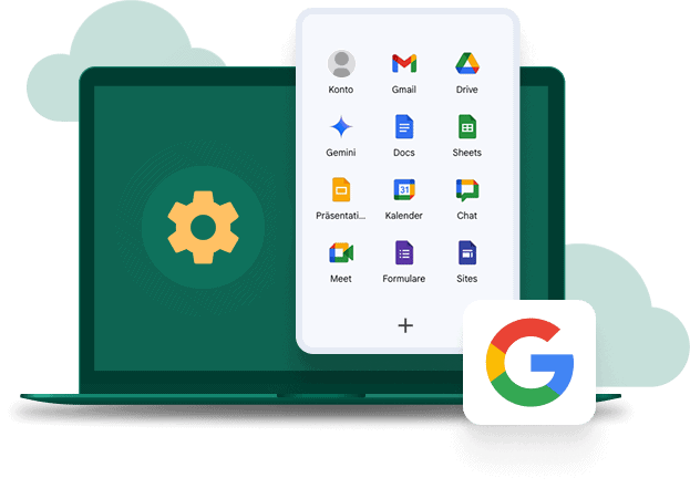 Professionelle Einrichtung von Google Workspace mit Anwendungen wie Gmail, Drive, Kalender und Google Docs