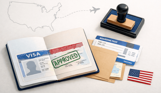 Infographic outlining US student visa steps: Form I-20, DS-160, fees, and interview.