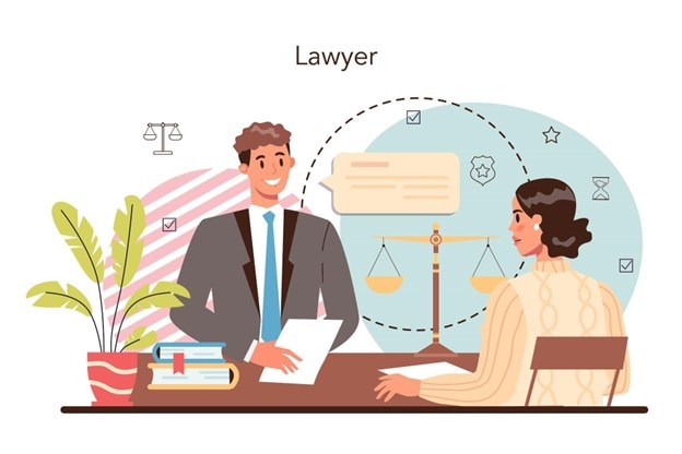 Illustration titled "Lawyer" showing a male attorney consulting with a female client at a desk.