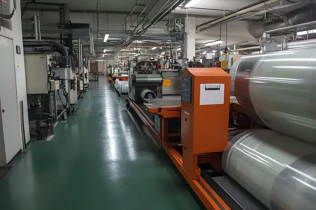 Area stampa flessografica:
"Area stampa flessografica con pavimento in resina resistente all'acetato di etile e alle cariche elettrostatiche, sistema ESD certificato