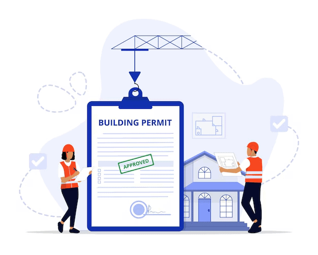 Illustration of a building permit approved by authorities, with construction workers, building plans, and a house in the background.