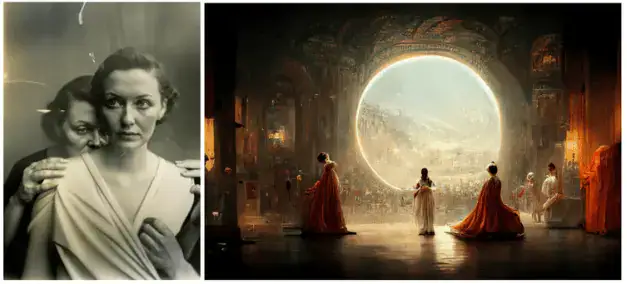 Side by side presentation of two AI-generated illustrations: Eldagsen's "The Electrician" and Allen's "Téâtre d'Opéra Spacial". Electrician is a sepia-toned photo of two white middle-aged women, one behind the other with her hands on her shoulders. Téâtre is a fantasy illustration of three figures dressed in lush robes in a Renaiisance-like chamber, all wearing fantasy space hlemets and gazing out on a fantasy mountainous landscape.