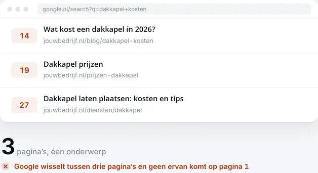 Zoekresultaat met drie pagina's van dezelfde site op plek 14, 19 en 27 voor één zoekwoord