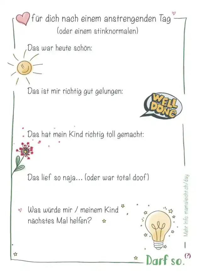 Journaling Vorlage auf einem Block dazu, was schön war, was gut gelungen ist, was das Kind gut gemacht hat und für eine herausfordernde Situation, was hätte besser gemacht werden können
