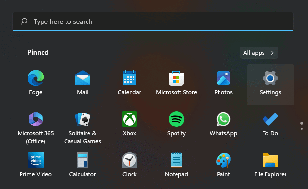 opening the settings menu in windows 11