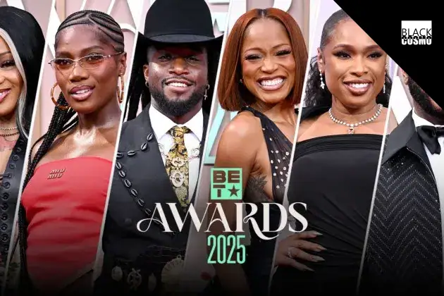 Kevin Hart hosting the 2025 BET Awards onstage at the Peacock Theater in Los Angeles, making a viral joke about Kanye West.