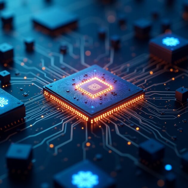 A close-up, abstract image of a glowing neuromorphic chip material in a complex circuit board, symbolizing the future of Neuromorphic Chips And AI.