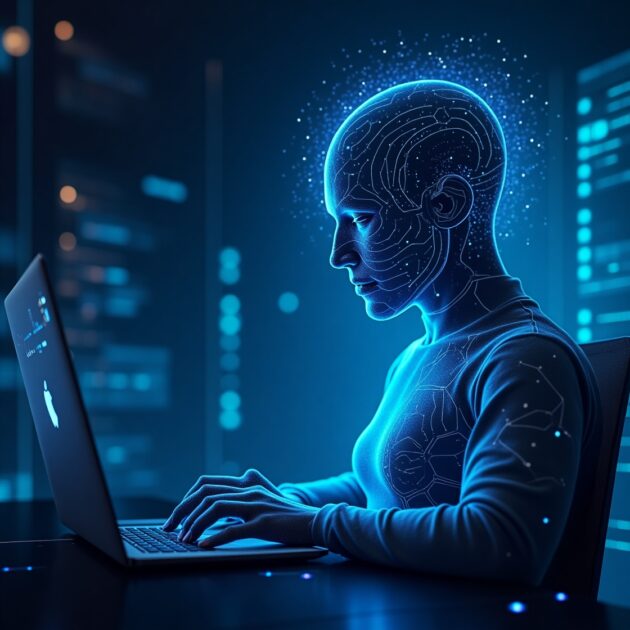 A glowing AI figure types on a laptop, symbolizing AI in Cybersecurity.