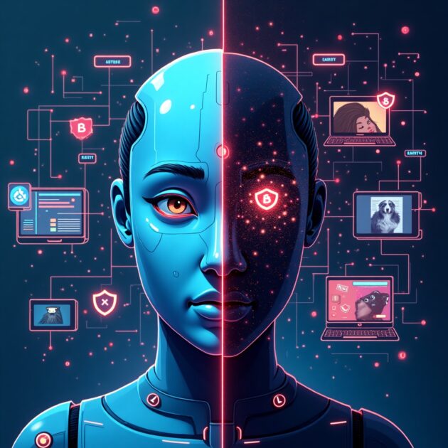 A stylized image depicting AI vs Deepfake Scams, featuring a half-human, half-robotic face with digital interfaces and security symbols.