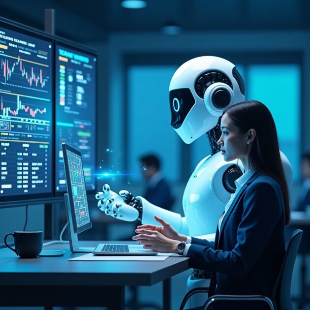 A woman works at a computer with a robot in a modern office, stock charts on screens.