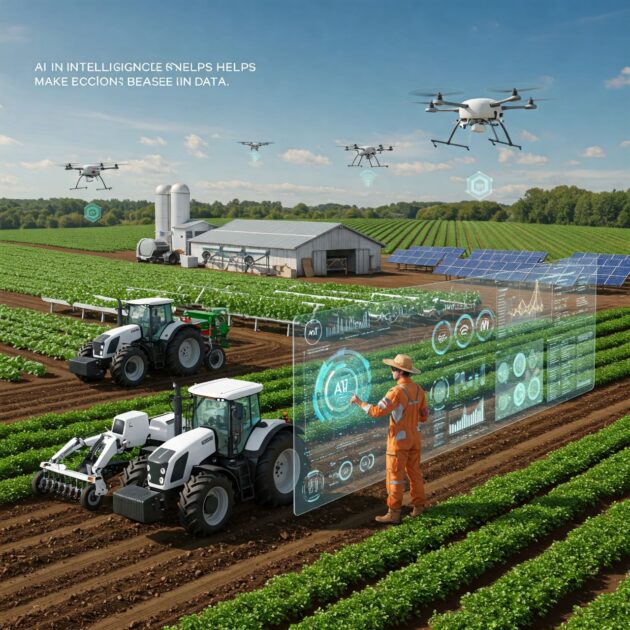 A person, who appears to be a farmer, interacts with a holographic display showing data, while autonomous tractors and drones operate in a field with farm buildings and solar panels.