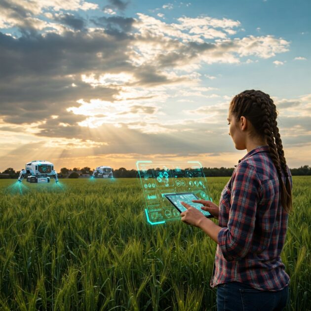 A person, who appears to be a woman with braided hair, uses a transparent tablet displaying agricultural data in a field with autonomous robots under a partly cloudy sky.