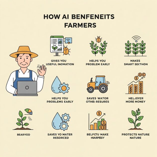 AI benefits farmers by providing useful information, early problem detection, smart sectioning, resource saving, better yields, and nature protection.