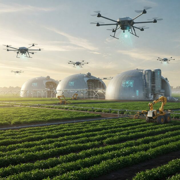 Drones fly above a futuristic agricultural landscape featuring dome-like structures and automated machinery working in neatly planted rows under a hazy sky.