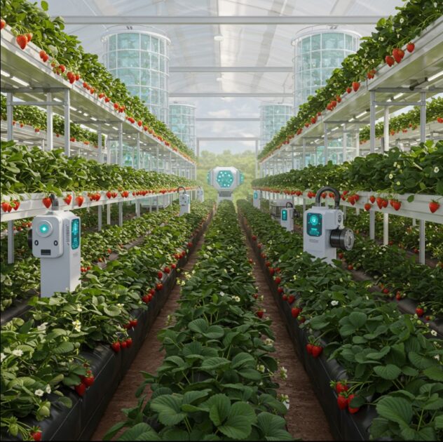 A high-tech vertical farm showcases rows of vibrant strawberry plants growing under artificial lighting, monitored by automated robotic devices.