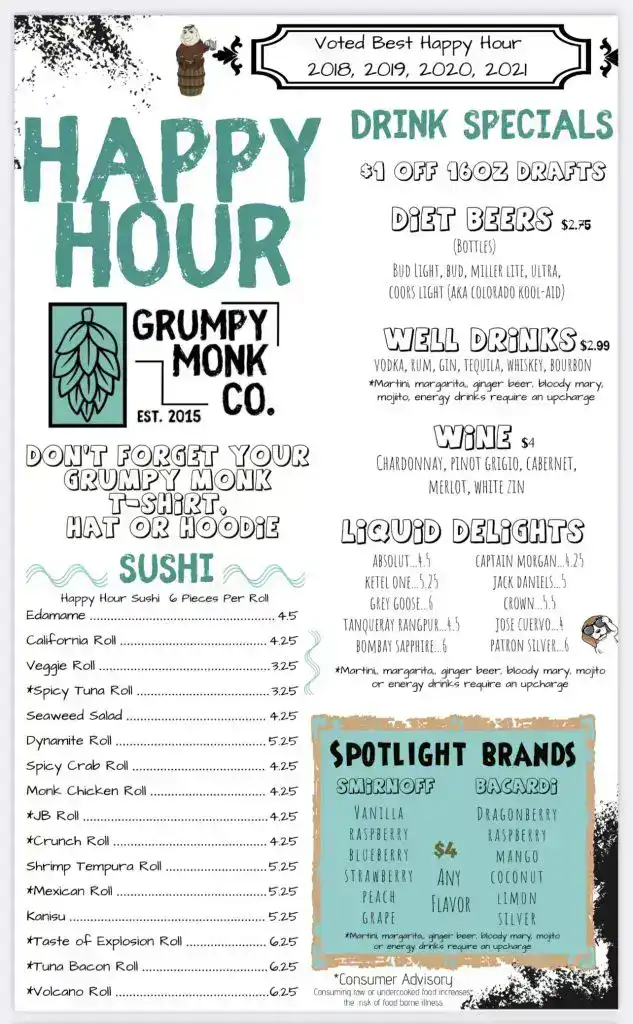 Cheap and Free Things to do in Myrtle Beach Grumpy Monk Menu
