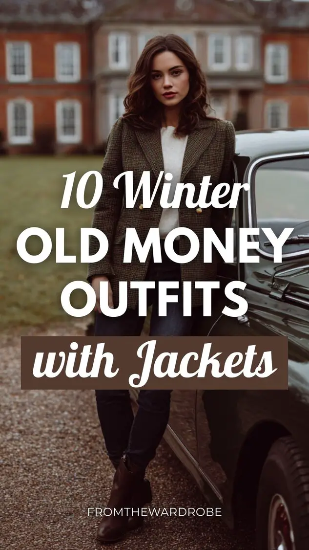 A refined woman wears a winter old money outfit with a tweed jacket with gold buttons over a simple knit top and dark jeans, paired with ankle boots