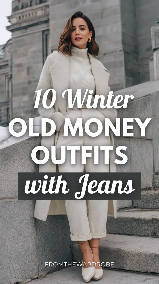 A refined woman wears a winter old money outfit with jeans with an ivory turtleneck, layered under a belted long coat with subtle gold accessories